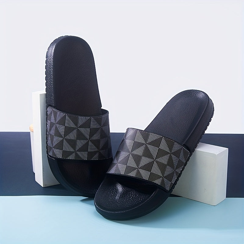 Men's Summer Slide Sandals - Non-Slip Soft Sole Casual Slippers with Geometric Pattern, Black & Gray, Comfortable for Indoor & Outdoor Use