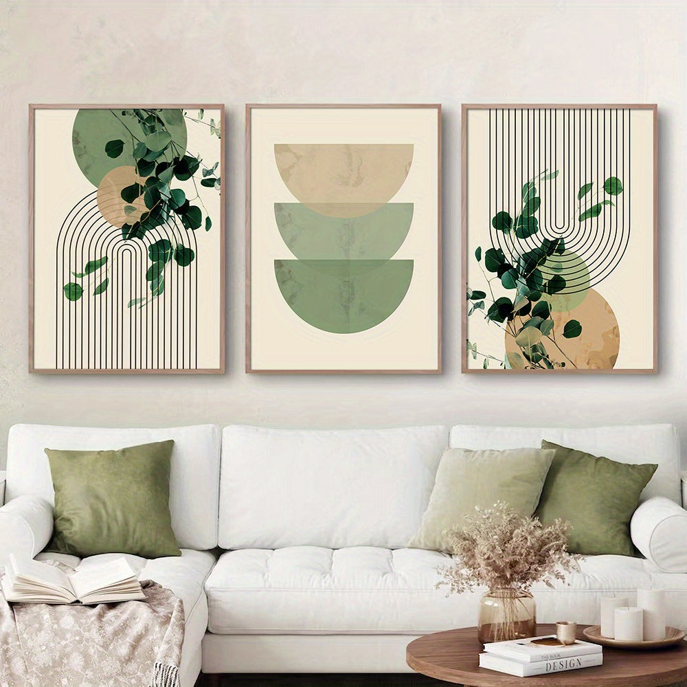 3pcs Boho Green Plant Eucalyptus Leaf Geometry Graphic Art Poster - Retro Canvas Print For Modern Wall Decor In Living Room And Home