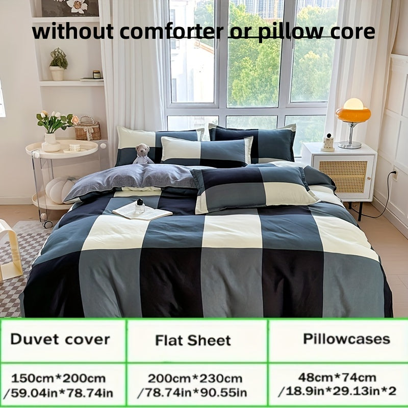 Conjunto de cama de 4 peças macio e respirável - Estampado xadrez espacial criativo, lavável à máquina - inclui lençol, edredão e 2 fronhas para todas as estações - ideal para dormitórios de estudantes, quartos e quartos de hóspedes.
