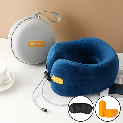 Polyurethane Foam Travel Neck Pillow - Ergonomic U-Shaped Contour Design with Adjustable Strap & 3 Fluffy Earplugs, Medium-Soft Grey Flannel Cover for Airplane, Car, Office & Home Use, Neck Pillow for Travel for Plane, Car Sl