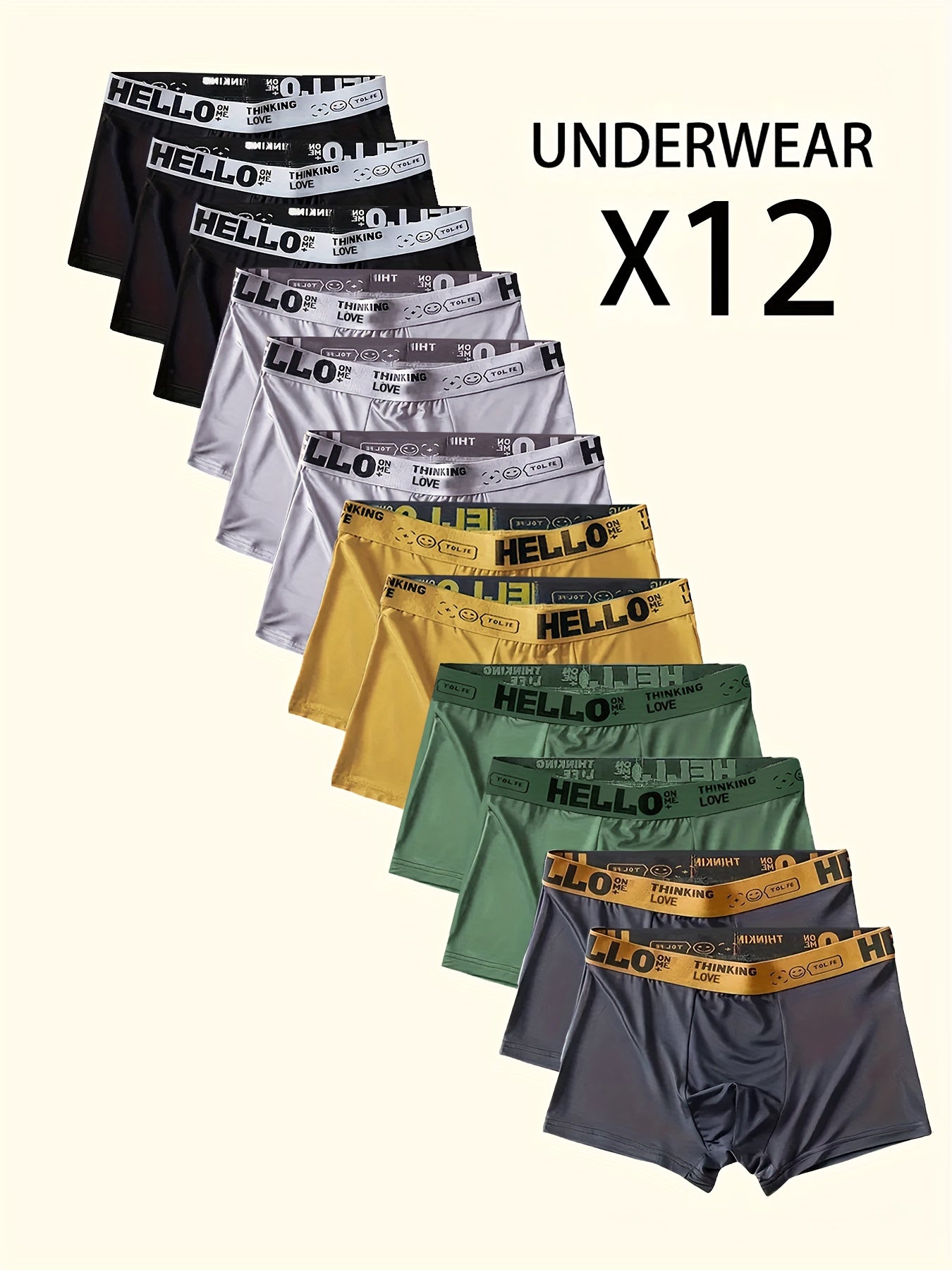 12pcs Men's Boxer Briefs, HELLO Letter Waistband, Breathable Soft Casual Fashion Sports Underwear, Plus Size Boxers for Men, Pouch Boxer, White Boxer Briefs for Men, Daily Essentials, Active Lifestyle, Letter Print, Sleek Wai