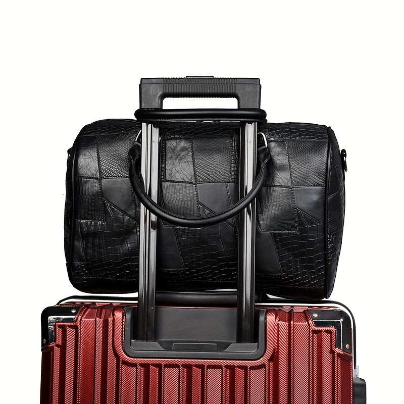 Men's Large Capacity Business Travel Duffle Bag - Durable with Crocodile-Textured Design, Multiple Compartments & Top Handles for Work Trips, Weekend Getaways