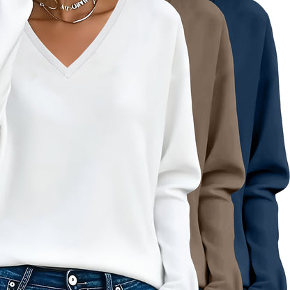 3pcs Women'S 100% V-Neck Long Sleeve T-Shirts - Soft, Durable, and Comfortable Casual Wear for All Seasons, Perfect for Holidays, Graduations, and Everyday Style, Everyday Comfort Wear | Minimalist Style | Soft Fabric Tee