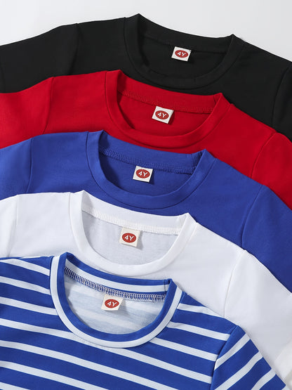 5pcs Solid Color & Striped Round Neck T-shirt Tees Tops Casual Soft Comfortable, Boys And Girls Summer Clothes