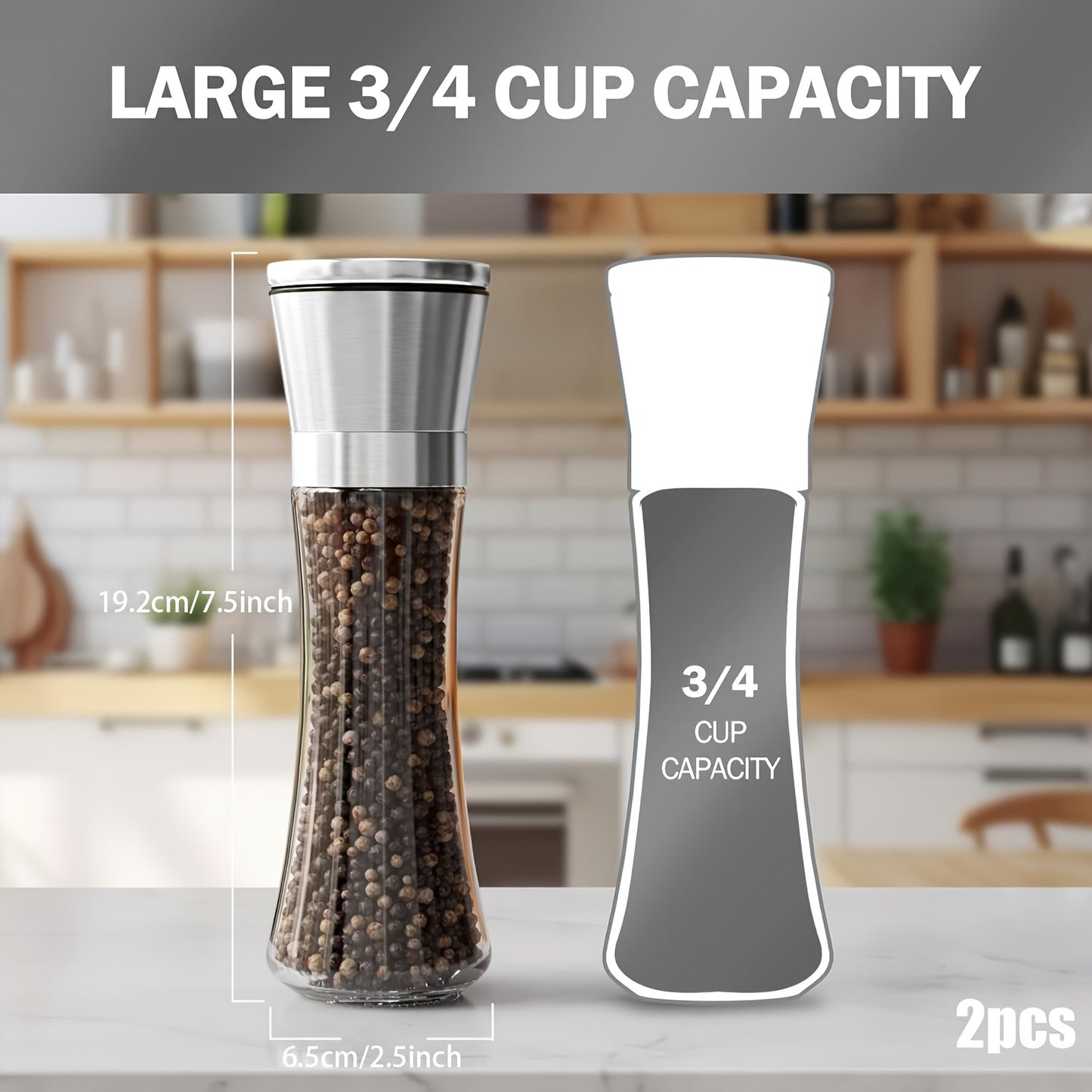 2pcs Premium Stainless Steel Salt and Pepper Grinder Set - Adjustable Ceramic - High Glass Salt and Pepper Mill - This elegant yet practical grinder set enhances your cooking experience, adding flavor to your kitchen
