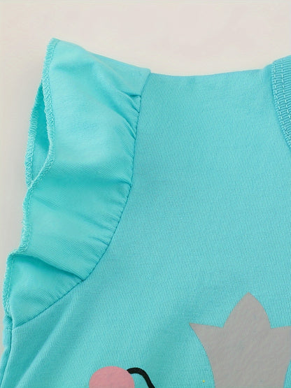 3pcs Comfy 100% Cotton Cartoon Animal Graphic Flutter Trim Sleeveless T-shirt Set Summer Clothes Gift For Girls