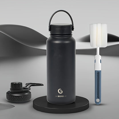 BIGRD 1000ml stainless steel sports Bottle leak proof water bottle double cap Bottle suitable for carbonated water bottle, silicone handle cap/direct drinking cap, suitable for sports/outdoor/camping/fitness/yoga, Yoga Gear,