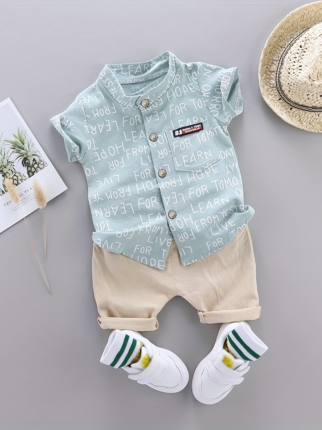 2pcs Baby Boys Dinosaur Print Button Short Sleeve Shirt Top &amp; Elastic Waist Shorts Set Toddler Summer Clothes For Daily &amp; Outdoor Wear
