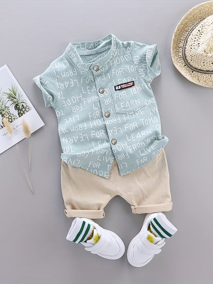 2pcs Baby Boys Dinosaur Print Button Short Sleeve Shirt Top &amp; Elastic Waist Shorts Set Toddler Summer Clothes For Daily &amp; Outdoor Wear