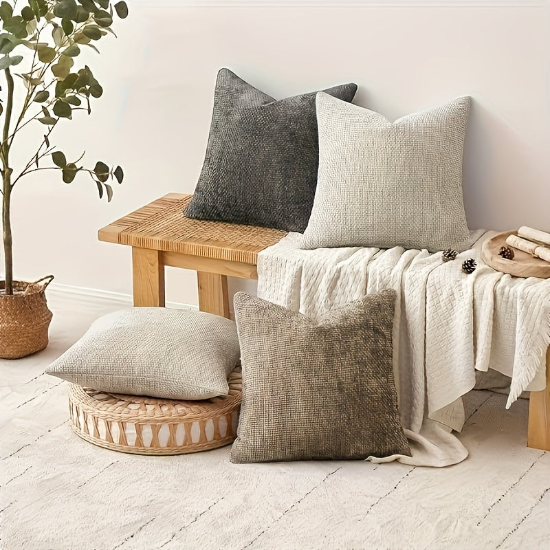 4pcs Contemporary Decorative Throw Pillows - Gray & Hemp Blend, Hand Wash Only with Zipper Closure, Versatile for Sofa, Bed, Armchair & Floor Seating