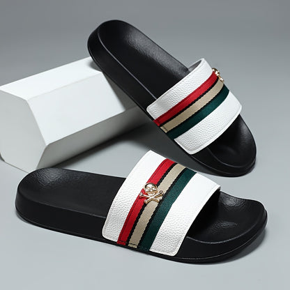 EKBN Men's Slip-Resistant Arch Support Mules - All-Season EVA Slip-On Slippers with Golden Buckle Strap &amp; Black/Red/Green Striped Design, Cushioned Insole for Indoor/Outdoor House Shoes, Casual &amp; Formal Wear - Comfortable &amp; D