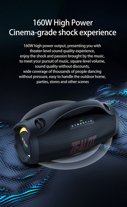 Zealot S98 Portable Wireless Speaker - 160W High-Power, 60H Playtime, IPX5, Fast Charging, Dual Pairing, Shocking Subwoofer, 36000mAh Battery, DSP Technology, Black with Red Accents