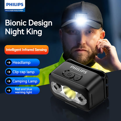 For PHILIPS Bionic Design Night King LED Headlamp with Intelligent Infrared Sensing, 10 Lighting Modes, USB Rechargeable, Red & Blue Warning Light, Clip-On for Camping, Fishing, Hiking, Work, and Outdoor Activities, Hiking Ge