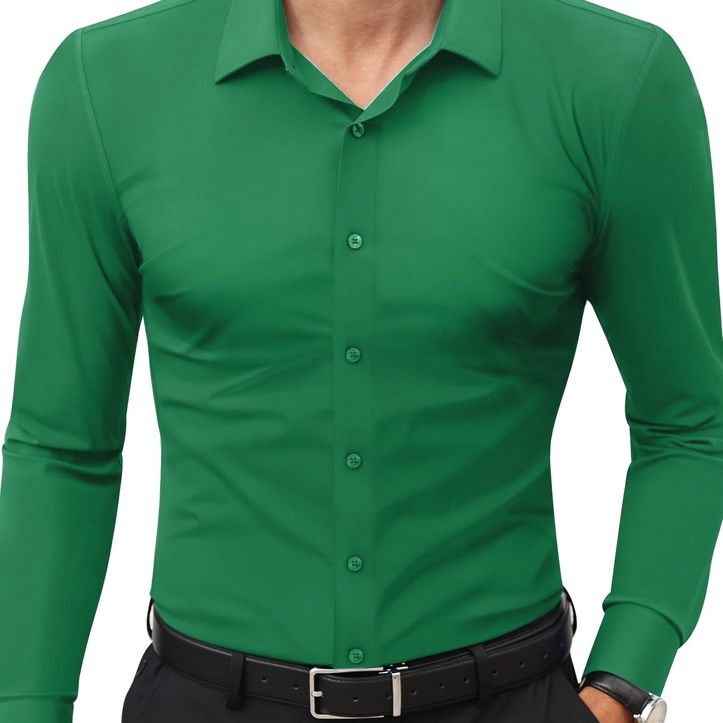 Camisola de homem de manga comprida com corte slim - 55% algodão, 40% poliéster, 5% elastano, cor lisa, para todas as estações, tecido plano, fecho com botões, gola de lapela, ideal para o fim de semana, 125 g/m²