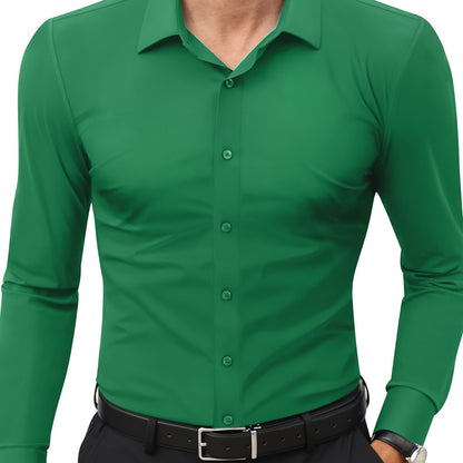 Camisola de homem de manga comprida com corte slim - 55% algodão, 40% poliéster, 5% elastano, cor lisa, para todas as estações, tecido plano, fecho com botões, gola de lapela, ideal para o fim de semana, 125 g/m²