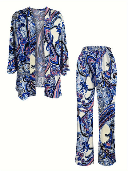 Boho Paisley Print Pants Set, Button Front Long Sleeve Blouse & Straight Leg Pants Outfits, Women's Clothing