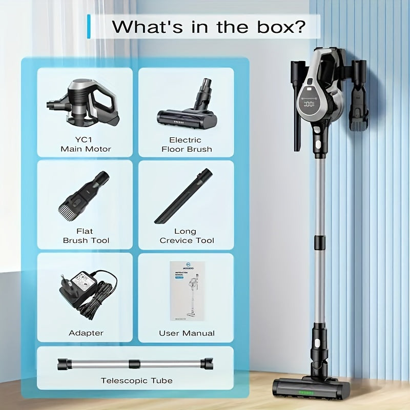 Aspirador sem fios MOOSOO YC1 Pro com visor LED, 2 baterias, design vertical leve 6 em 1, alta sucção para carpetes, pavimentos duros e pelos de animais, cabo ergonómico, construção durável, aspirador sem fios, auxiliar de limpeza doméstica.