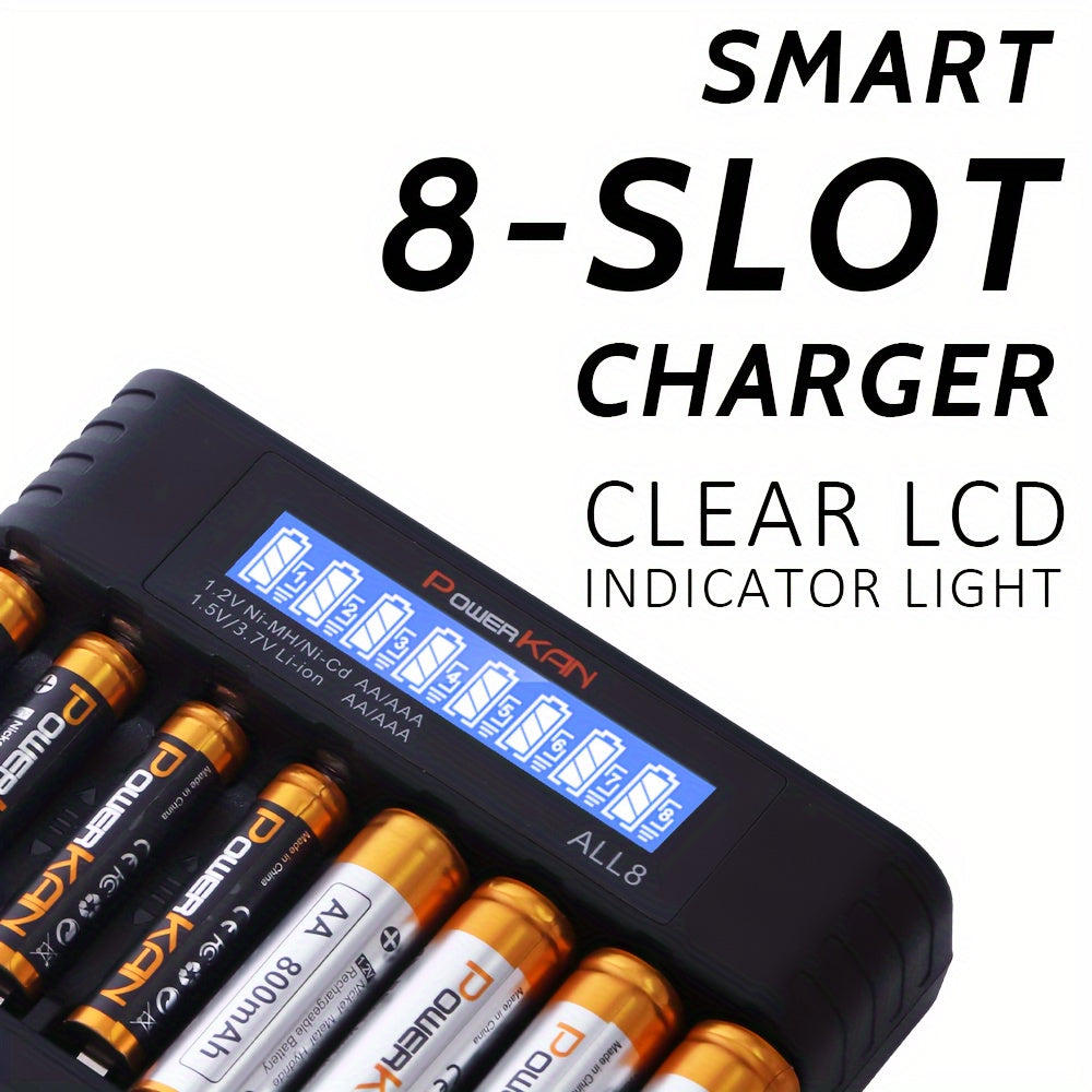 Set (battery + charger), PowerKAN 1.2V NiMH rechargeable AA & AAA Battery + ALL8 charger, high quality battery rechargeable discharge cycle, 800mAh AAx8 & 300mAh AAAx8 combination, with 5V 2A USB fast charging LCD charger
