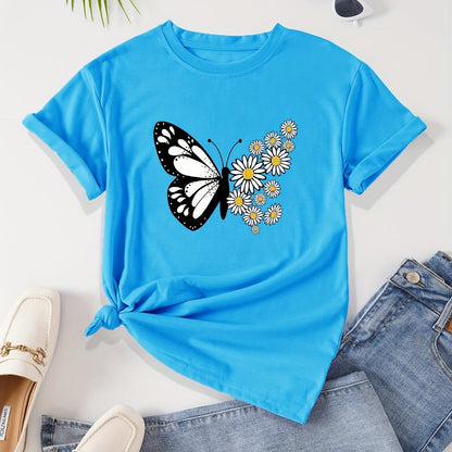 T-shirt casual para mulher com estampado floral de borboletas e margaridas, gola redonda - Verde azeitona, Lavável à máquina, Modelagem regular para looks casuais, Moda para todas as estações, Estilo descontraído, Tecido não transparente