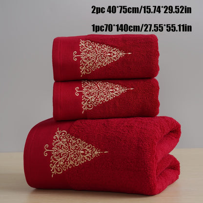 3pcs Christmas 100% Cotton Towel Bath Towel Set 2pcs Towels + 1pc Bath Towel Cotton Terry Embroidered Reindeer Towel Bath Towel, Christmas Red Towel Bath Towel Set, Merry Christmas Bathroom Supplies, Christmas Gift Christmas