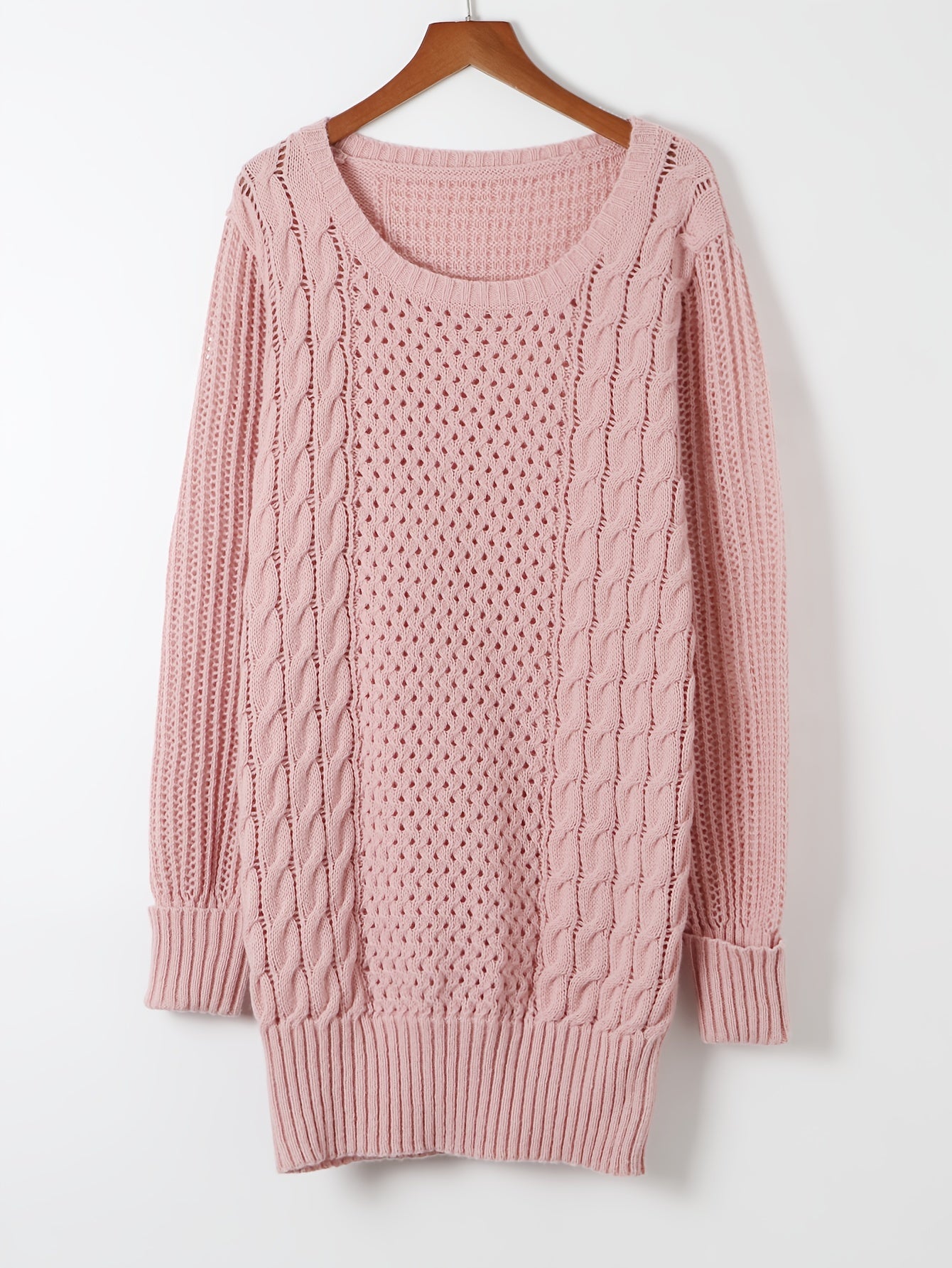 Elegant Pink Knit Sweater Dress for Women - Casual Long Sleeve, Round Neck, Bodycon Midi with Cable Knit Pattern, Perfect for Fall/Winter, 100% Polyester