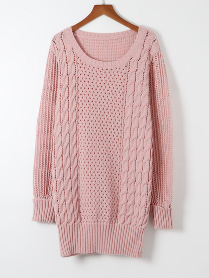 Elegant Pink Knit Sweater Dress for Women - Casual Long Sleeve, Round Neck, Bodycon Midi with Cable Knit Pattern, Perfect for Fall/Winter, 100% Polyester