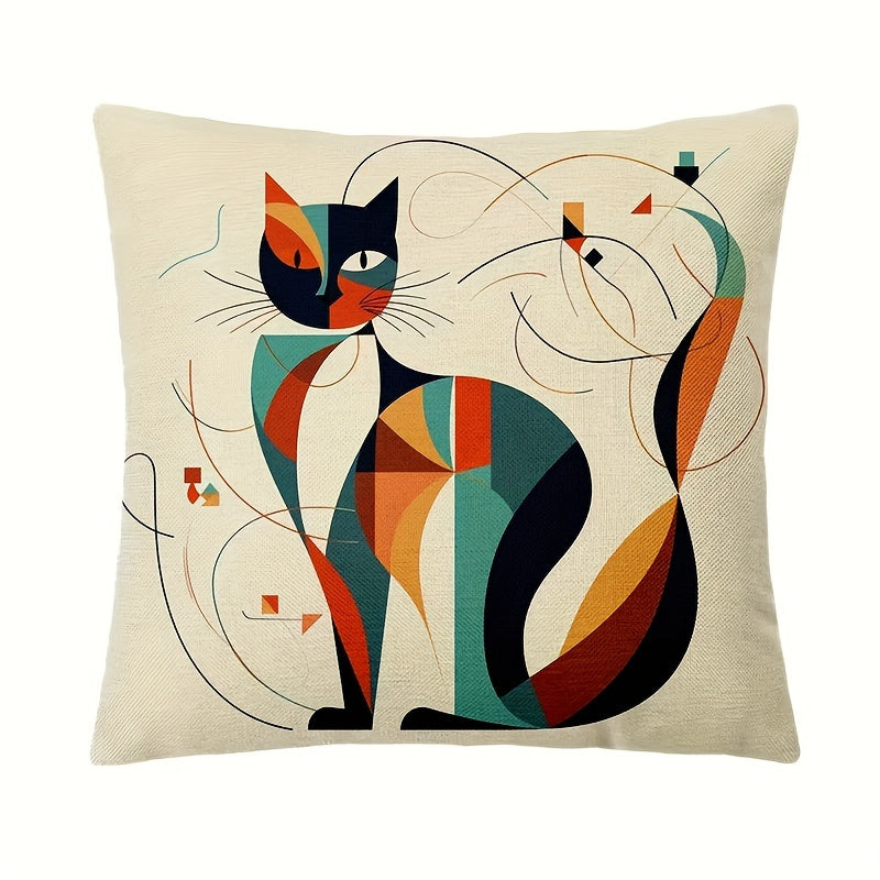 4-Pack Woven Linen Throw Pillow Covers, Abstract Kandinsky Cat Design, Industrial Style Zippered Cushion Cases for Sofa, Bedroom, Car, Office Decor - Machine Washable