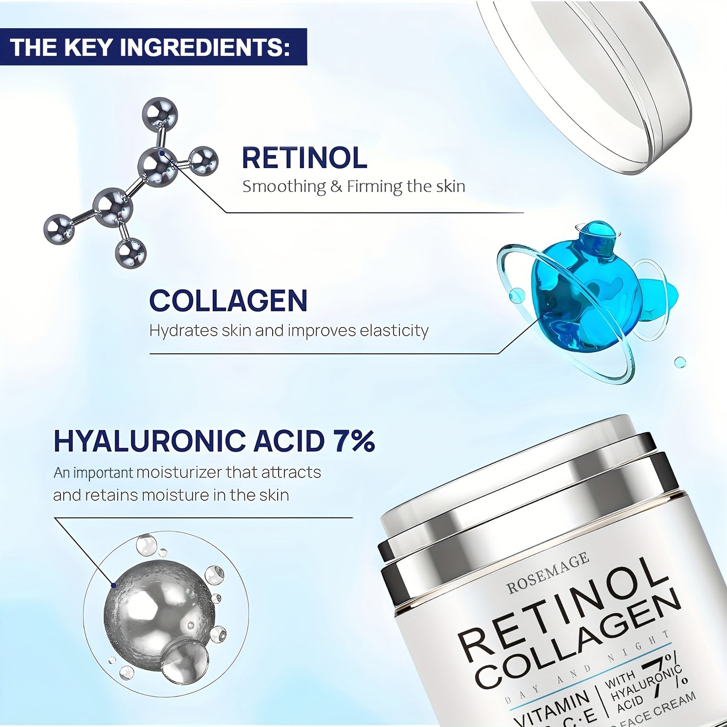 Retinol Collagen Cream, Intensive Moisturizing Firming Face Cream for Sensitive Light Beige, Day and Night Use, Enriched with Vitamins A, B, C, and E, Hyaluronic Acid to Brighten Complexion, Smooth and Radiant Finish, 50ml/1.