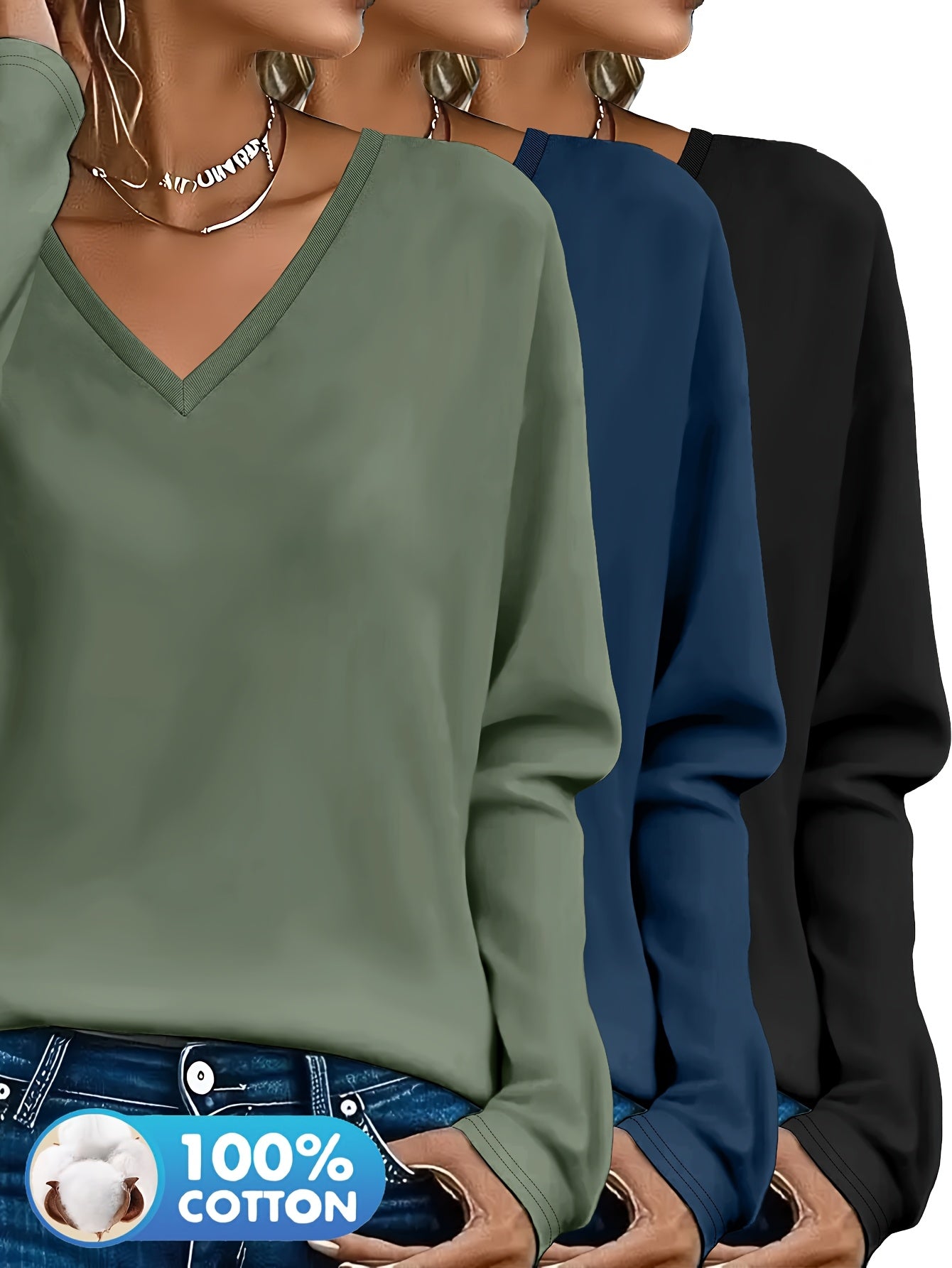 3pcs Women'S 100% V-Neck Long Sleeve T-Shirts - Soft, Durable, and Comfortable Casual Wear for All Seasons, Perfect for Holidays, Graduations, and Everyday Style, Everyday Comfort Wear | Minimalist Style | Soft Fabric Tee