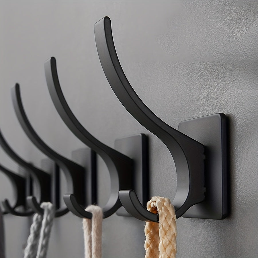 4pcs Self Adhesive Hooks - No-Drill Wall-Mounted Towel & Robe Hangers, Space-Saving Aluminum Powder-Coated Black Hooks for Bathroom, Bedroom, Kitchen - Versatile Storage for Clothes, Hats, Towels, Bathroom Organization, Sleek