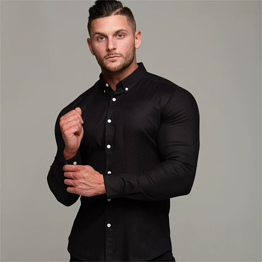 Camisa de homem de manga comprida, corte slim, cor sólida, tecido elástico de secagem rápida e fecho de botões. Ideal para atividades físicas na primavera e no outono.