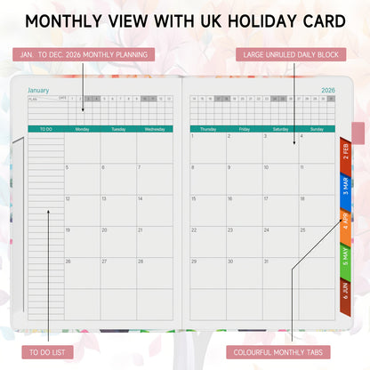 1pc Dzhzal Elegant Floral - Planner with Monthly View, Daily Organizer, Banded Elastic Closure, Pen Loop, Inner Pocket - Compact A5 Notebook (14.48x21.08cm) for Professionals, Students, Personal & Office Use - Perfect Gift Id