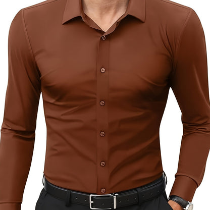 Camisola de homem de manga comprida com corte slim - 55% algodão, 40% poliéster, 5% elastano, cor lisa, para todas as estações, tecido plano, fecho com botões, gola de lapela, ideal para o fim de semana, 125 g/m²