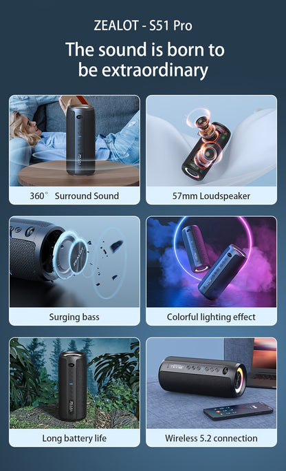 ZEALOT S51 Pro 40W Wireless Speakers - 16Hrs Playtime, Dual Pairing, Booming Bass, Waterproof IPX5, Portable with Handle, USB-C Charging, 7.2 Surround Sound, 40W Power, for Home, Car, Camping, Travel - Ideal Christmas Gift