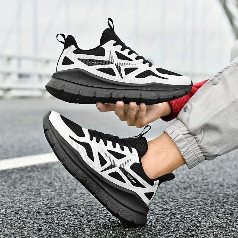 Men's Breathable Running Shoes - Lightweight Cross-Training Sneakers with MD Sole, White & Black Striped Low-Top Design for Gym, Jogging & Casual Wear, Sleek Sporty Look, Cushioned Comfort