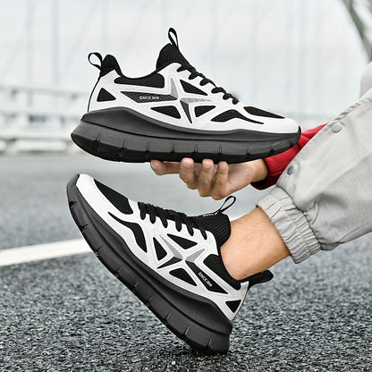 Men's Breathable Running Shoes - Lightweight Cross-Training Sneakers with MD Sole, White & Black Striped Low-Top Design for Gym, Jogging & Casual Wear, Sleek Sporty Look, Cushioned Comfort