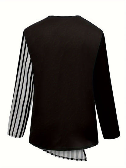 Stripe Print Button Front Asymmetric Blouse, Elegant Long Sleeve Top For Spring & Fall, Women's Clothing