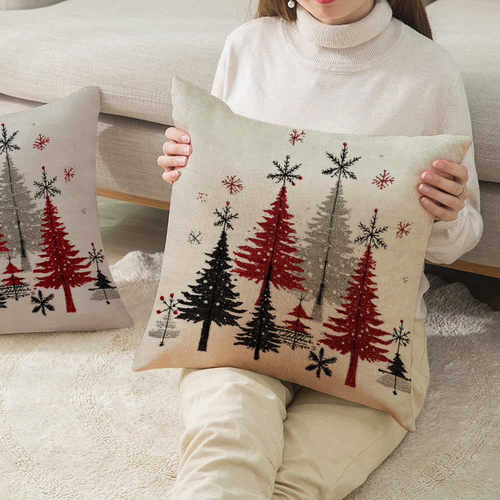 2pcs Christmas Winter Tree Throw Covers, Minimalist Beige Background with Snowflake Design, 40.64x45.72 cm Single-Sided Printed Holiday Decor for Sofa, Living Room &amp; Bedroom (No Insert), Christmas Throw Pillows, Pink And Whit