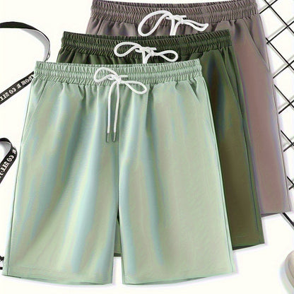 3pcs Men'S Plus Size Casual Shorts Set - White with Black Spider Web Print, Drawstring Waist, Non-Stretch Fabric, Perfect for Beach or Sports, Beach Shorts | Sporty Style | Woven Texture