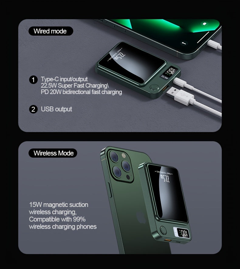 1pc KOILAGER 10000mAh Portable Power Bank with Ultrathin Magnetic Wireless Charging, 22.5W Super Fast Charge, PD20W Bi-directional Fast Charging, 15W Wireless Power, LED Display, Dual Power USB/Type-C for iPhone 16/15pro/14ma