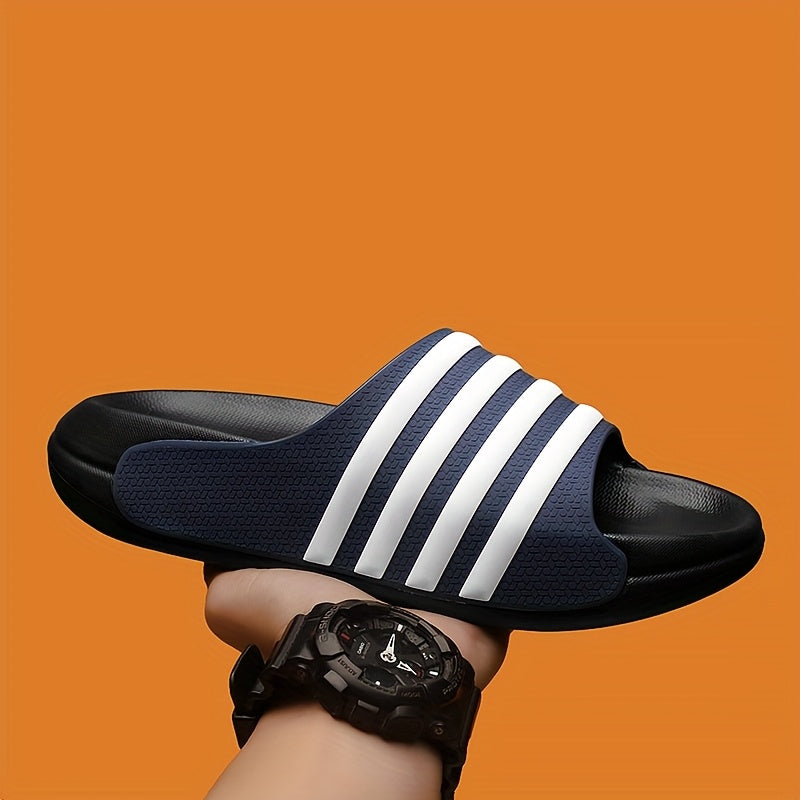 Chinelo unissexo casual às riscas, bico redondo, sola macia em EVA antiderrapante e antirriscos, ideal para caminhadas, atividades ao ar livre e uso diário.