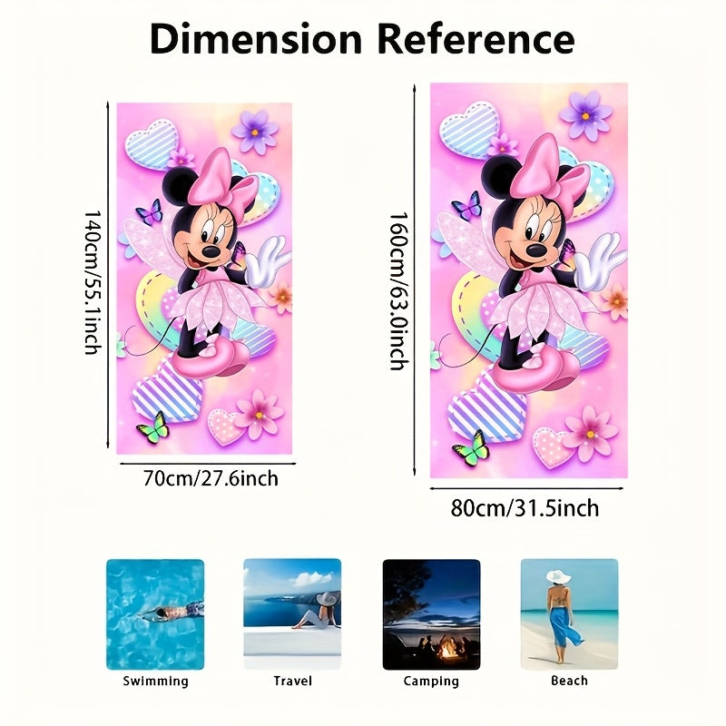1pc Minnie Mouse Beach Towel - Soft, Lightweight, Sand-Proof & Quick-Drying Microfiber - Vibrant Cartoon Design with Hearts, Butterflies & Stripes - Perfect for Beach, Swim, Gym, Yoga &