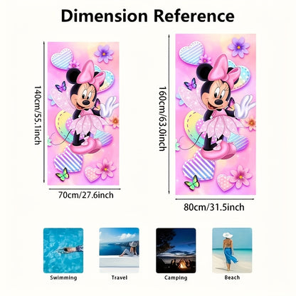 1pc Minnie Mouse Beach Towel - Soft, Lightweight, Sand-Proof & Quick-Drying Microfiber - Vibrant Cartoon Design with Hearts, Butterflies & Stripes - Perfect for Beach, Swim, Gym, Yoga &