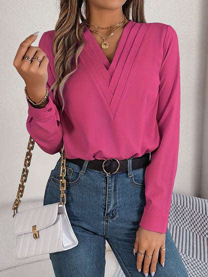 Women'S Elegant V-Neck Long Sleeve Shirt, Solid Color Polyester Blouse with Triple V-Cut, 95% Polyester 5% Elastane, Woven Fabric, 120g/m², for Spring/Summer/Fall - Adult