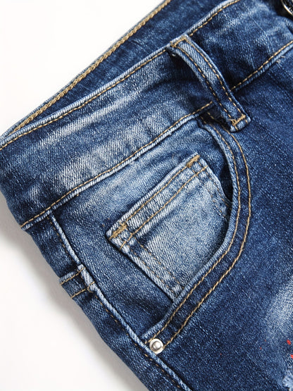 Patch Splatter Ripped Jeans, Men's Casual Street Style Distressed Slim Fit High Stretch Denim Pants For Spring Summer
