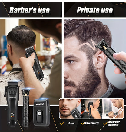 WEEME 3pcs Men's Grooming Kit - LCD Electric Clipper + Cordless Shaver + T-Blade Trimmer | USB-C Rechargeable w/Brushes & Care Accessories | Durable Hair/Facial Grooming Tools for Home & Travel
