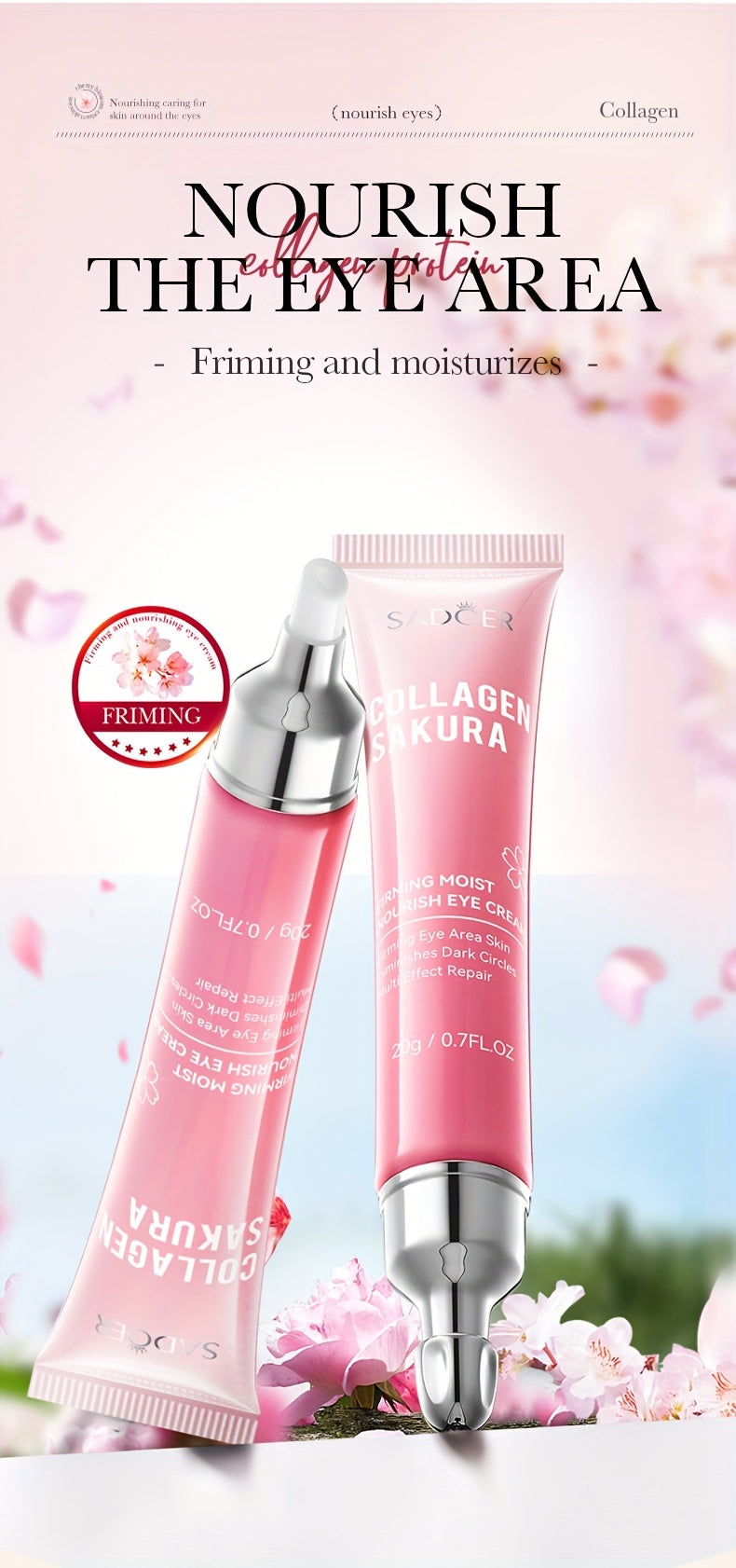 [Top-Rated] Sakura Collagen Eye Cream - 20g, Hydrating & Firming, Reduces Dark Circles & Wrinkles, for All Skin Types, Hypoallergenic with Hyaluronic Acid, Caffeine & Ceramides, Moisturizing & Anti-Aging,, Suitable for Sensit