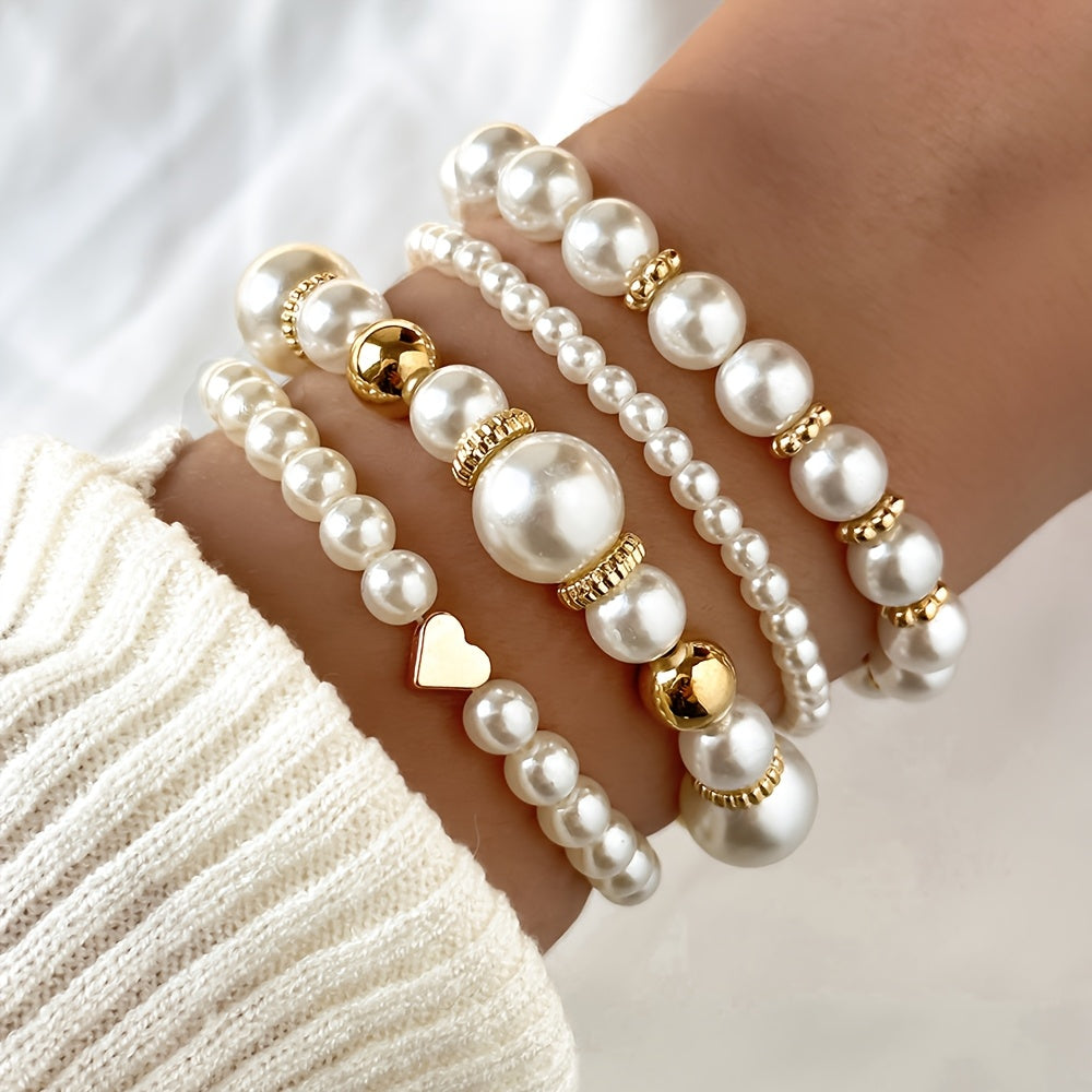 4pcs Set Real-Looking Faux Imitation Pearl Bracelet & Necklace-like Bead Set (No Coating) - White & Imitation Pearl with Golden-Tone Caps, Matching Large Beads - Wedding, Party, Daily Wear - Luxury Year-Round Collection for W