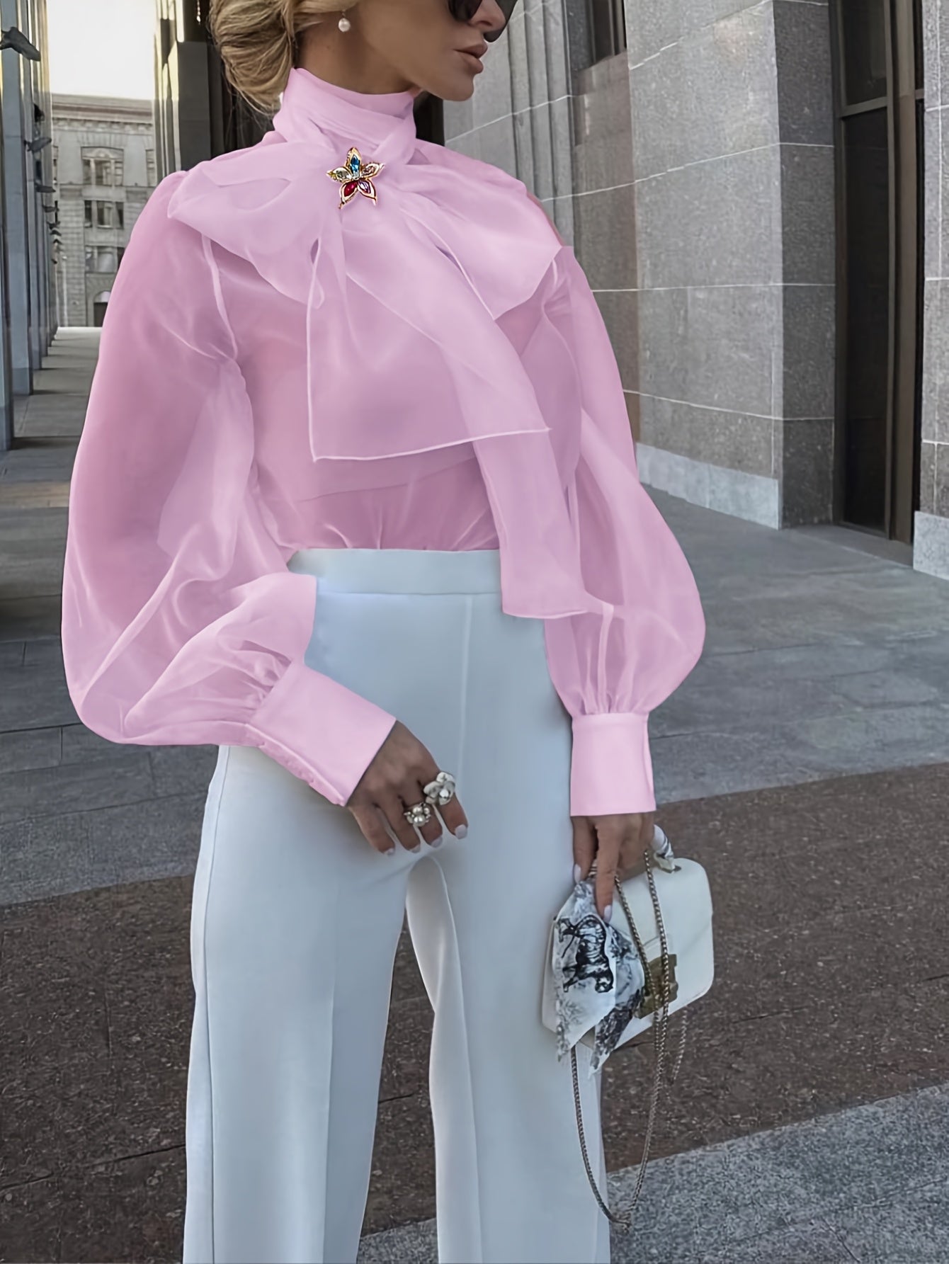 Elegant Plus Size Women'S Blouse with Sexy Bow Collar, Bubble Sleeves, and Pearl Accents - Chic Solid Color Non-Stretch Fabric for All Seasons, Plus Size Blouses