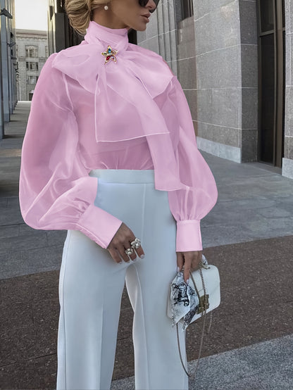 Elegant Plus Size Women'S Blouse with Sexy Bow Collar, Bubble Sleeves, and Pearl Accents - Chic Solid Color Non-Stretch Fabric for All Seasons, Plus Size Blouses